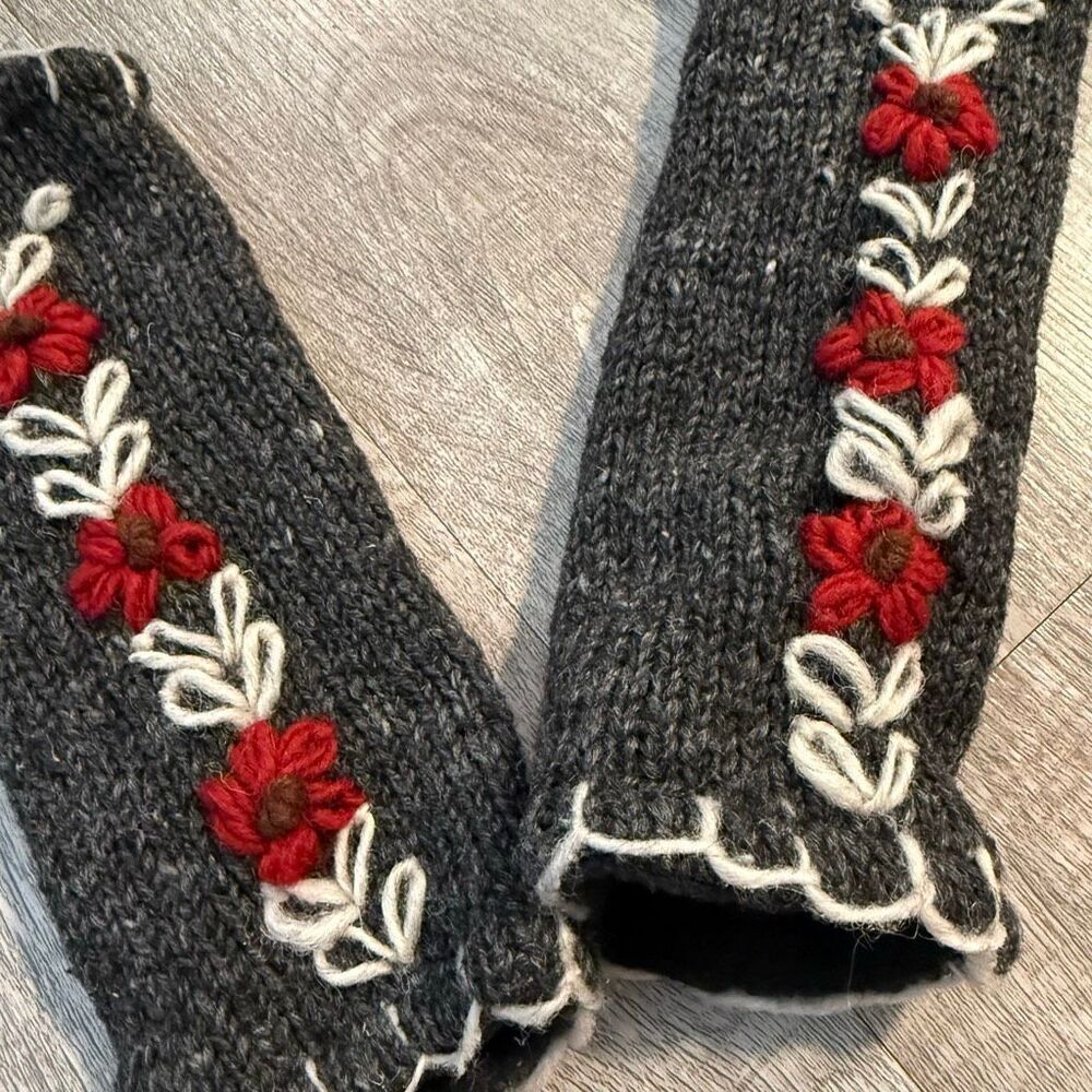 Vintage Y2K Floral Wool Lined Fingerless Grey Gray Gloves O/S Whipstitch - Picture 5 of 6